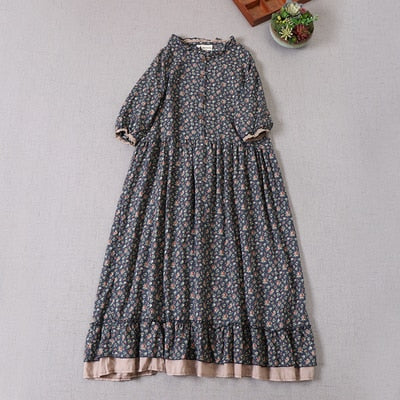 Japanese Mori girl art print dress autumn new floral dress loose long-sleeved dress
