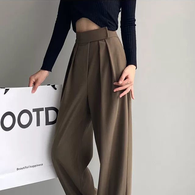 Sixsr Brown Wide Leg Women's Classic Suit Pants Vintage Palazzo Office Elegant Casual Balck Trousers Female High Wasit Pants