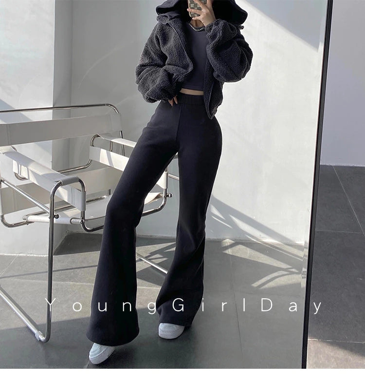 Sixsr New High Street Elastic Waist Solid Color Flare Pants For Women Spring Autumn Thick Casual Female Trouser BSXM new years eve outfits women