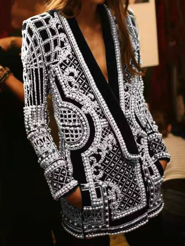 sixsr new Beaded Geometric Autumn Winter Long Sleeves V-Neck Vintage Ladies Outwear vintage fashion Overcoats