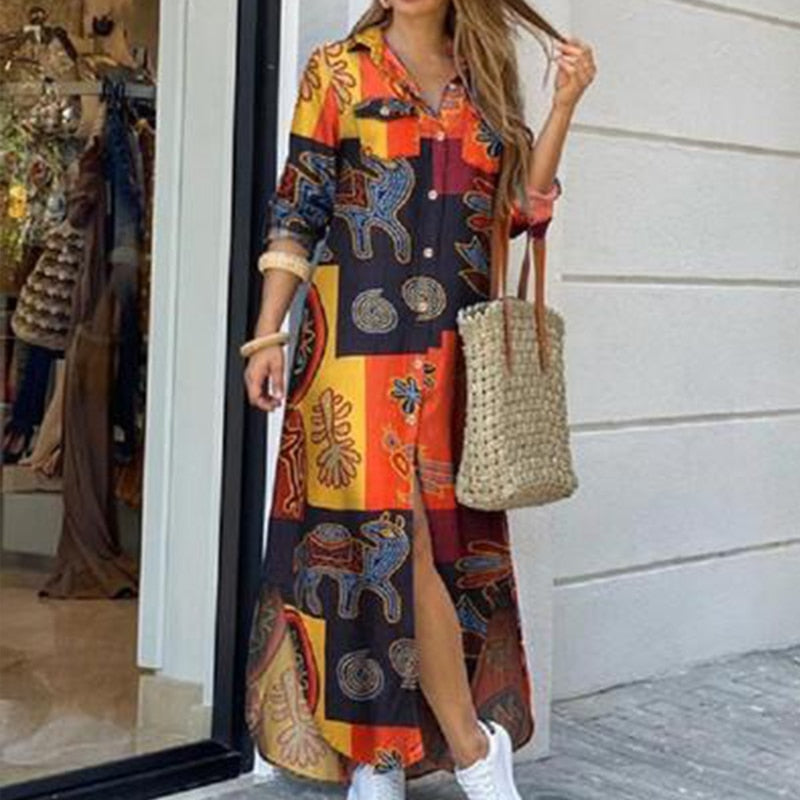 Sixsr Fashion Women Long Sleeve Shirt Dress Autumn Printed OL Long Dresses Laides Turn-down Collar Loose Sundress Party Dresses
