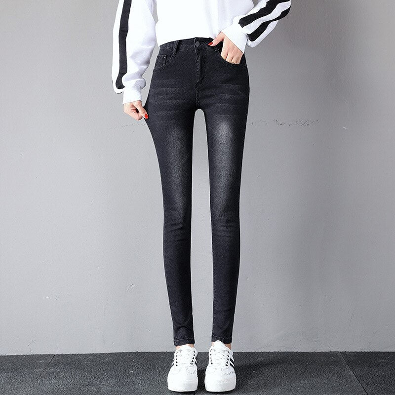 Sixsr Black Women Autumn Washed Jeans Mid Waist Y2k Cotton Fashion Chic All-match Pants Slim Shinny Stretch Casual Denim Pencil Jeans