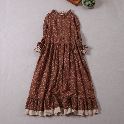 Japanese Mori girl art print dress autumn new floral dress loose long-sleeved dress