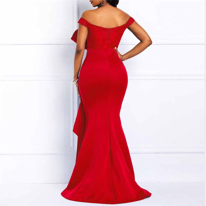 sixsr High Quality Summer New Red Elegant Women Party Dresses Sexy Low Cut Mermaid Beaded Lace Embroidery Wedding Evening Floor-Length Dress