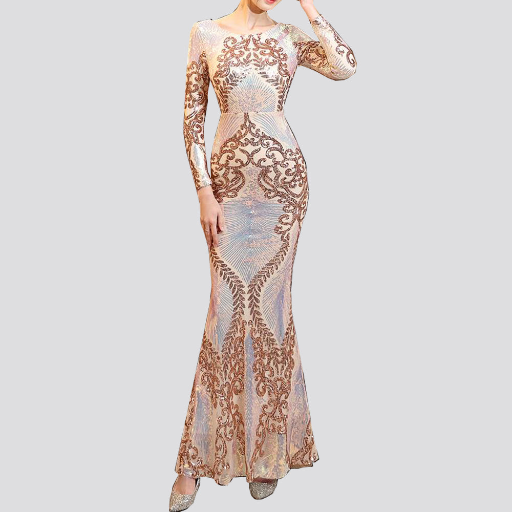 sixsr Hot Sale O-neck Long-Sleeve Shinning Sequins Evening Dresses Sexy Backless Mermaid Party Gowns Maxi Elegant Multi Female Robes vestidos