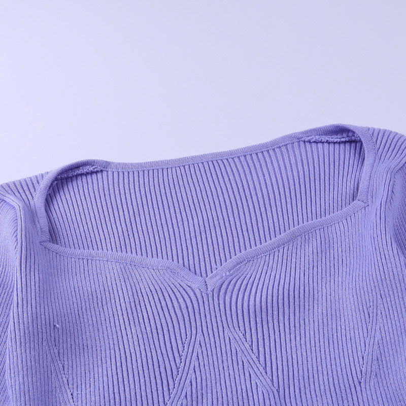 Sixsr Fashion Trends European and American Fashion Autumn New Women's Solid Color Long-sleeved Slim Top Feminine Peach Heart V-neck Woolen Sweater