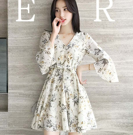 Sixsr Women Mini Dress Spring New V-neck Floral Chiffon Dress High Waist Flare Sleeve Female Dress Woman's Dress KarolyiDora KA88