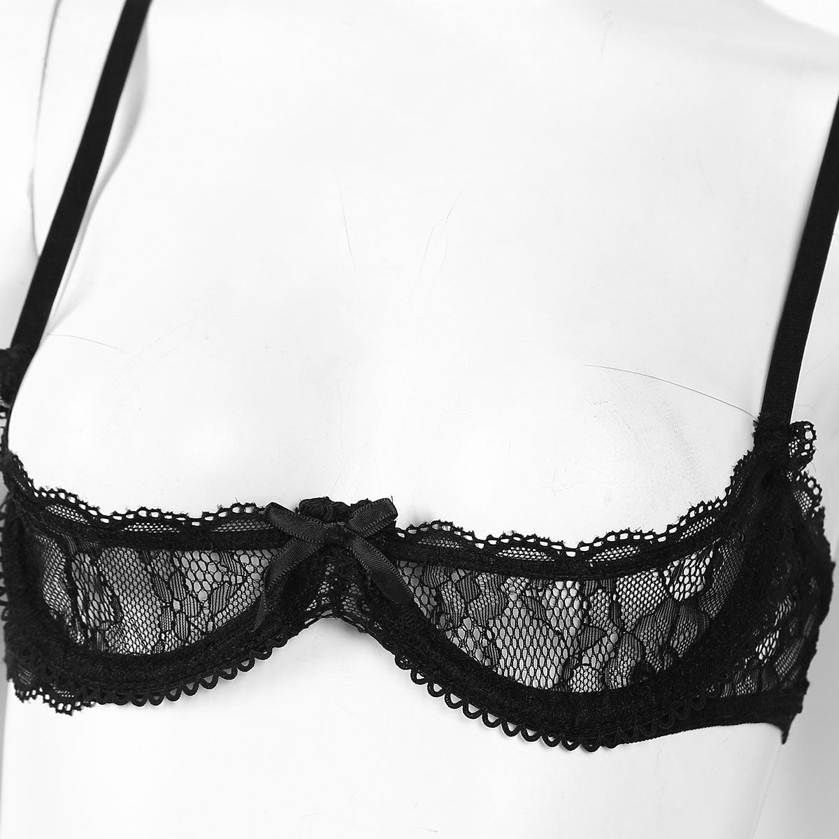 sixsr Women See Through Sheer Lace Hollow Out Lingerie Adjustable Spaghetti Shoulder Straps Open Cups Bra Push Up Underwire Bra Tops