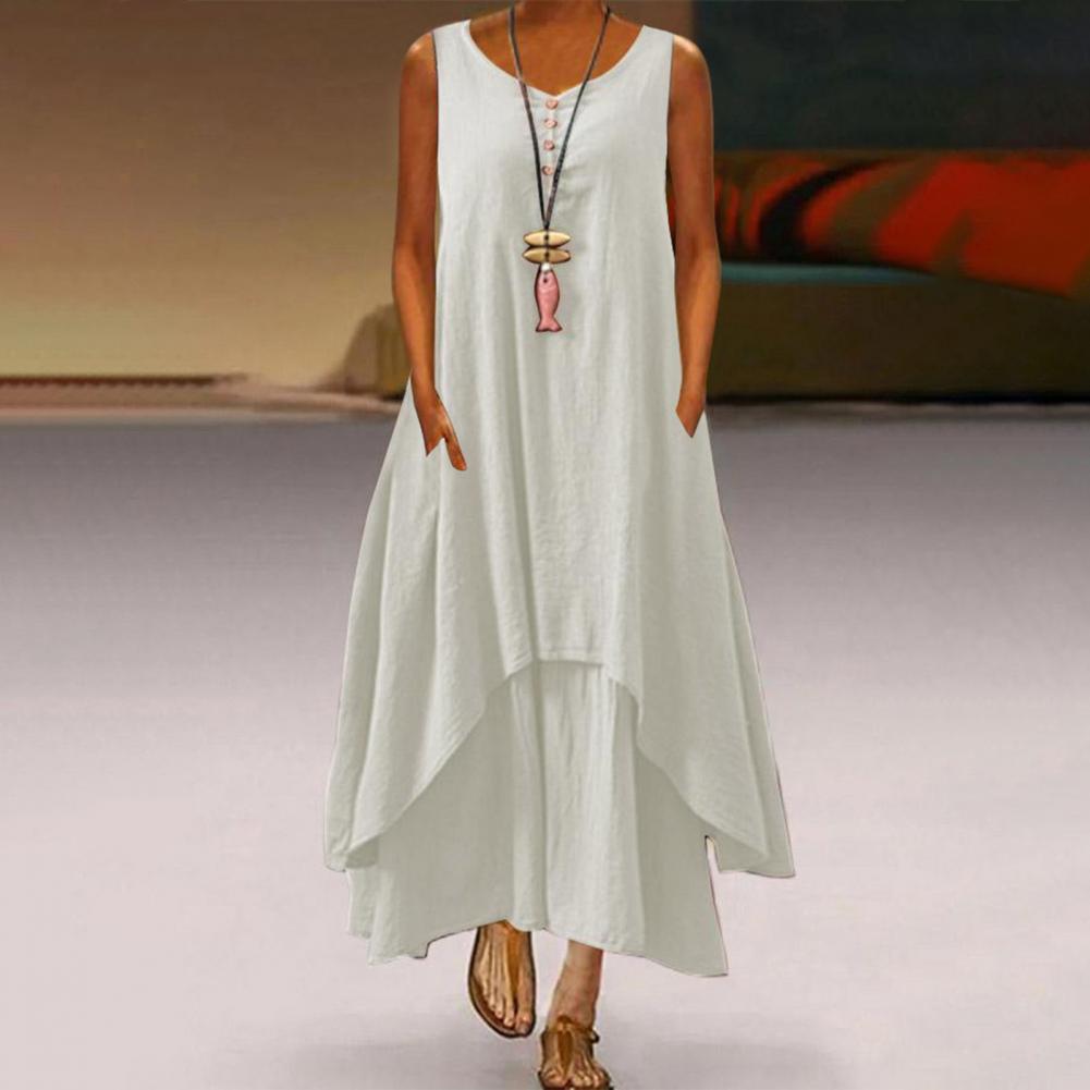 Sixsr Summer Dress Plus Size Floral Print Irregular Hem Women Buttons Round Neck Dress Women's Clothing Sleeveless Beach Maxi Dresses