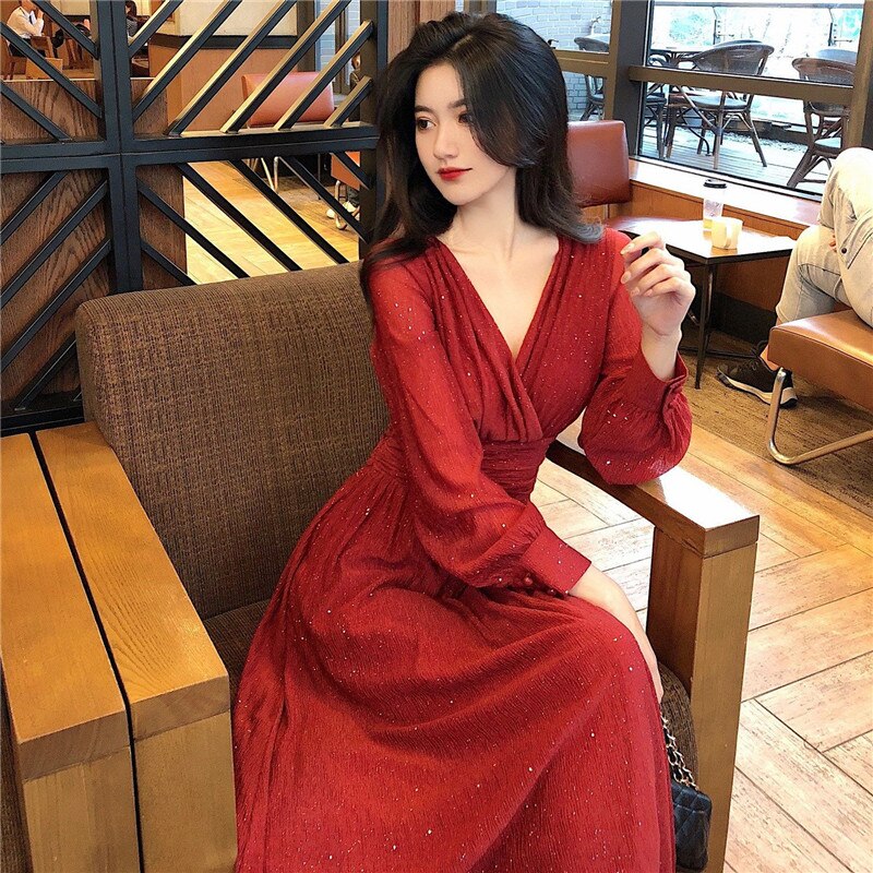 Sixsr Women Dress Autumn V-Neck Long Sleeve Shiny Midi Dress A-Line Evening Night Party Elegant Dress Red Black Pink vestidos