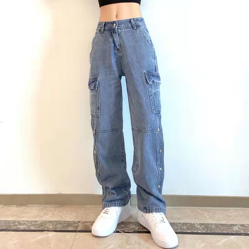 Sixsr Vintage Streetwear Cargo Pants Women Harajuku Street Loose Straight Women Jeans Casual Slim Versatile High Waisted Jeans Pants