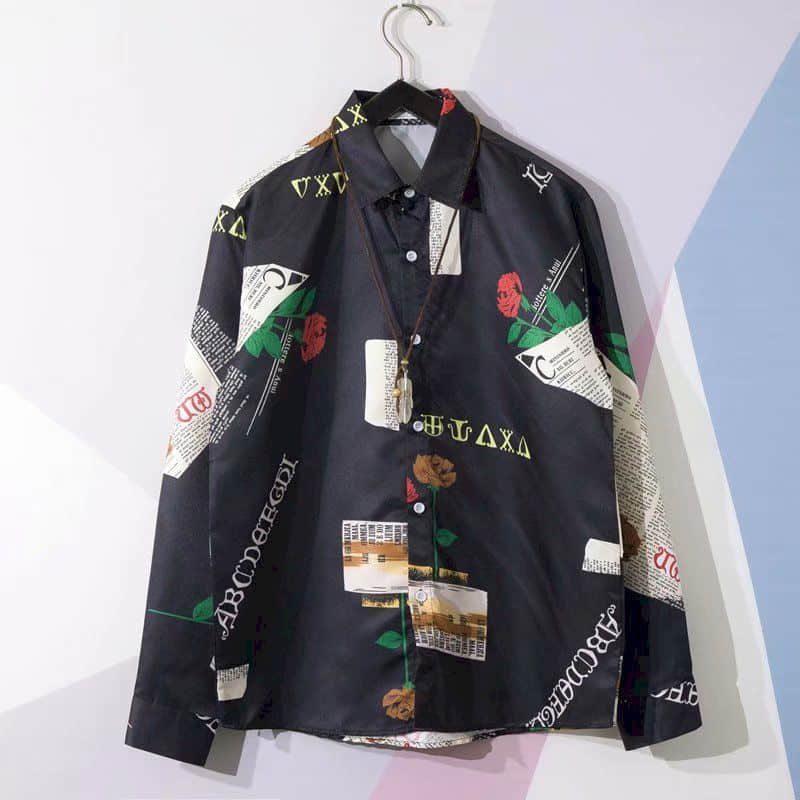 Newspaper shirt Korean trend men's shirt long-sleeved loose couple lovers shirt student all-match shirt 2024 fashion streetwear