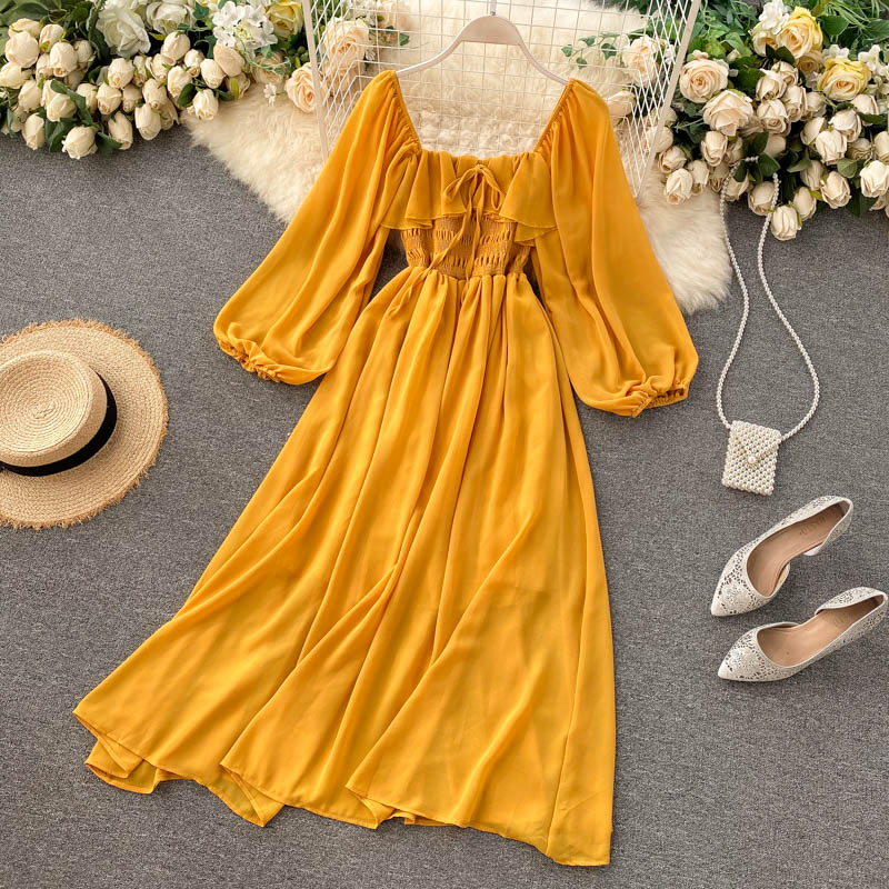 Sixsr Woherb Chic Elegant Square Collar Maxi Dress Women Solid Chiffon Puff Sleeve Dresses Korean Fashion Vintage Ruffle Vestidos