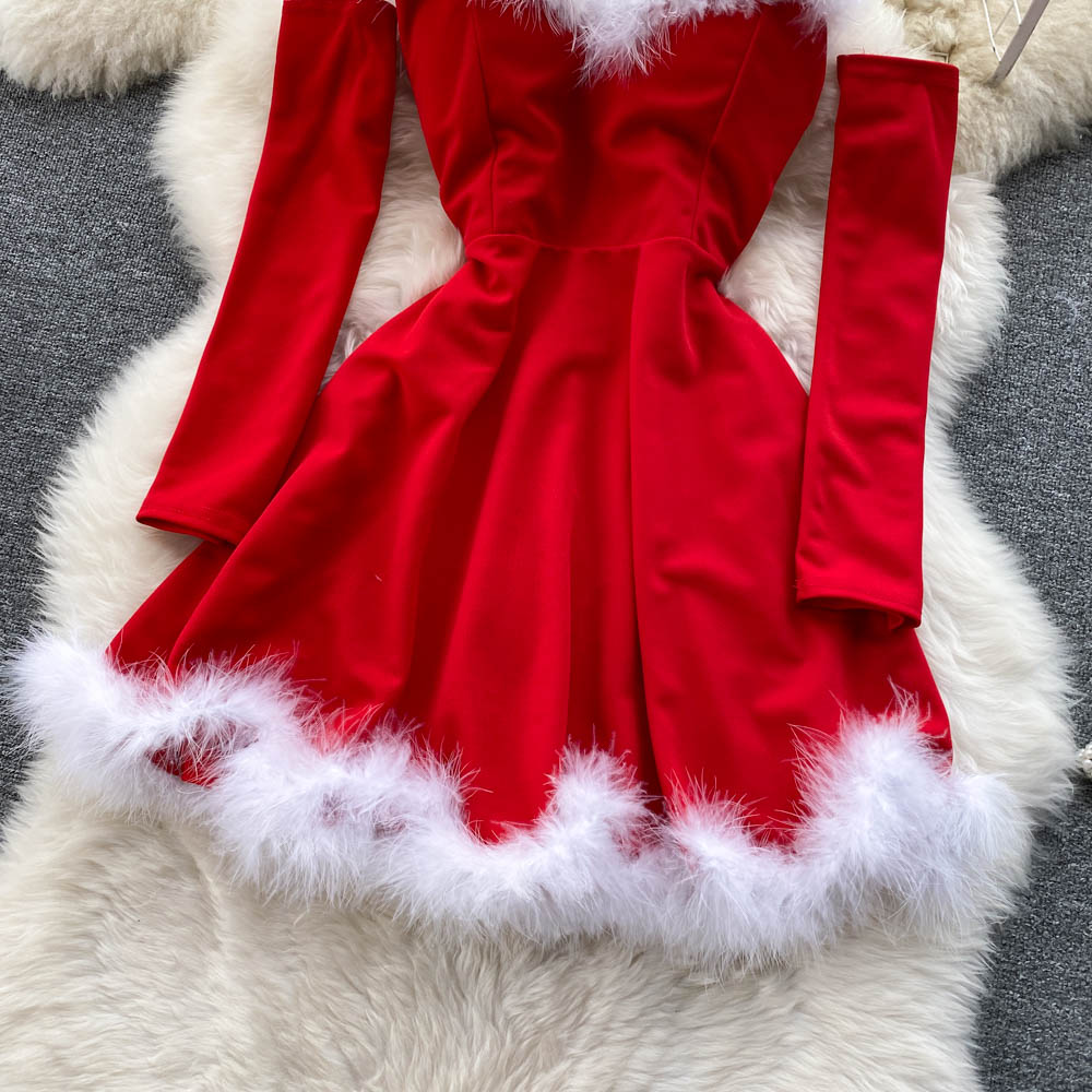 Sixsr Gifts For Women Elegant Dress For New Year Strapless Backless Furry Sexy Short Mini Christmas Dress Navidad Red Party Dress Femme