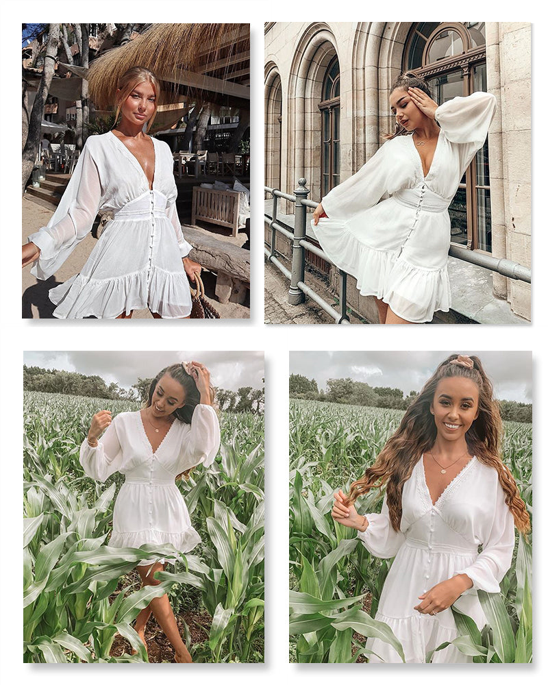 sixsr Summer Dresses For Women Sexy Plunge V Neck Women's Summer Dress White Lace Long Sleeve Mini Wedding Party Dress Ruffle Elegant Clothes