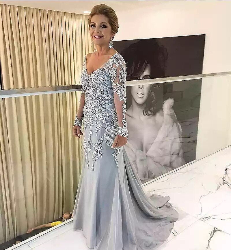 sixsr Elegant Silver Long Sleeves Mother Of The Bride Clothes V Neck Bride Patin Evening Dress Wedding Party Guest Clothes New