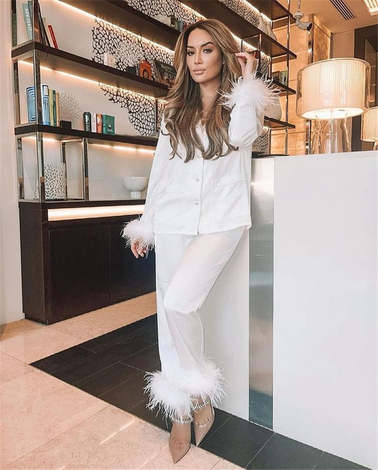 Sixsr Trendy Women Pajamas Set Autumn Casual Lapel Tops + Feather Pants Suits Sexy Lingerie Nightwear Silk Satin Pyjamas pjs Suit 2Pcs