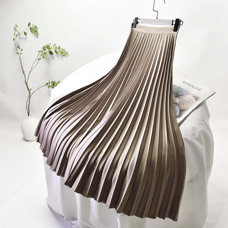 sixsr Brand Designer Women Spring Autumn Elegant Chic Solid Pleated Skirt High Waist Luxury Fashion With Elastic Female C-035