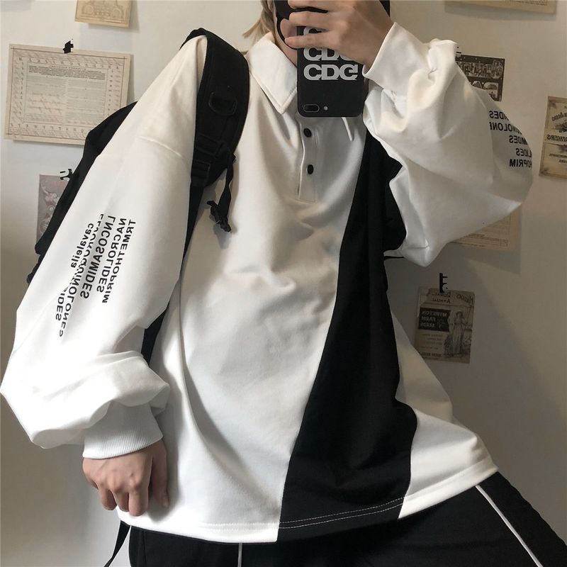 Sixsr new stitching contrast shirt Korean Hong Kong style sweatshirt Preppy hip hop oversize long-sleeved t-shirt men women