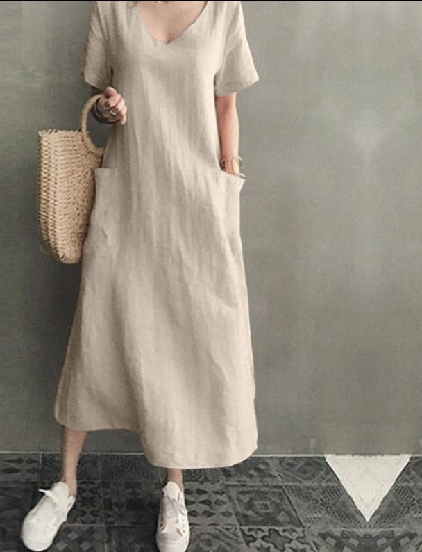 Women Long Maxi Summer Dress Casual Cotton Linen Ladies Big Pockets Beach Party Robe Femme Vestidos Plus Size 5XL