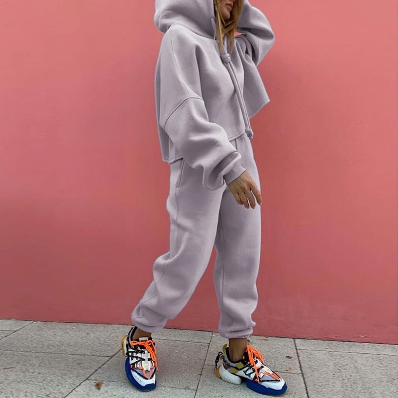 Sixsr  Fashion Loose Casual Hoodie Suit Two Piece Set Womens Tracksuits  Womens Solid Color Two Piece Sets Thick Warm Suits