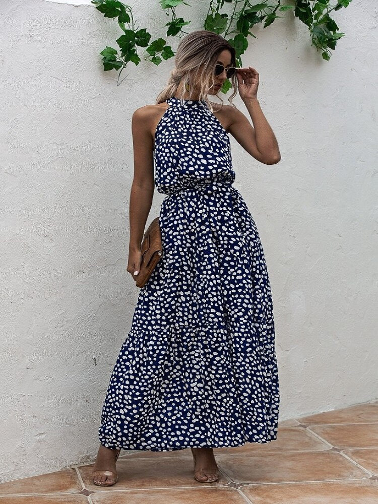 Sixsr Summer Elegant beach Women Dress long Print Flowers Polka-dot strap Ladies Halter boho Dress Vintage party ladies Dress