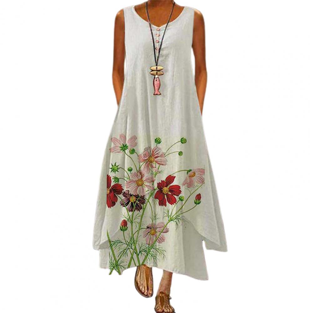 Sixsr Summer Dress Plus Size Floral Print Irregular Hem Women Buttons Round Neck Dress Women's Clothing Sleeveless Beach Maxi Dresses