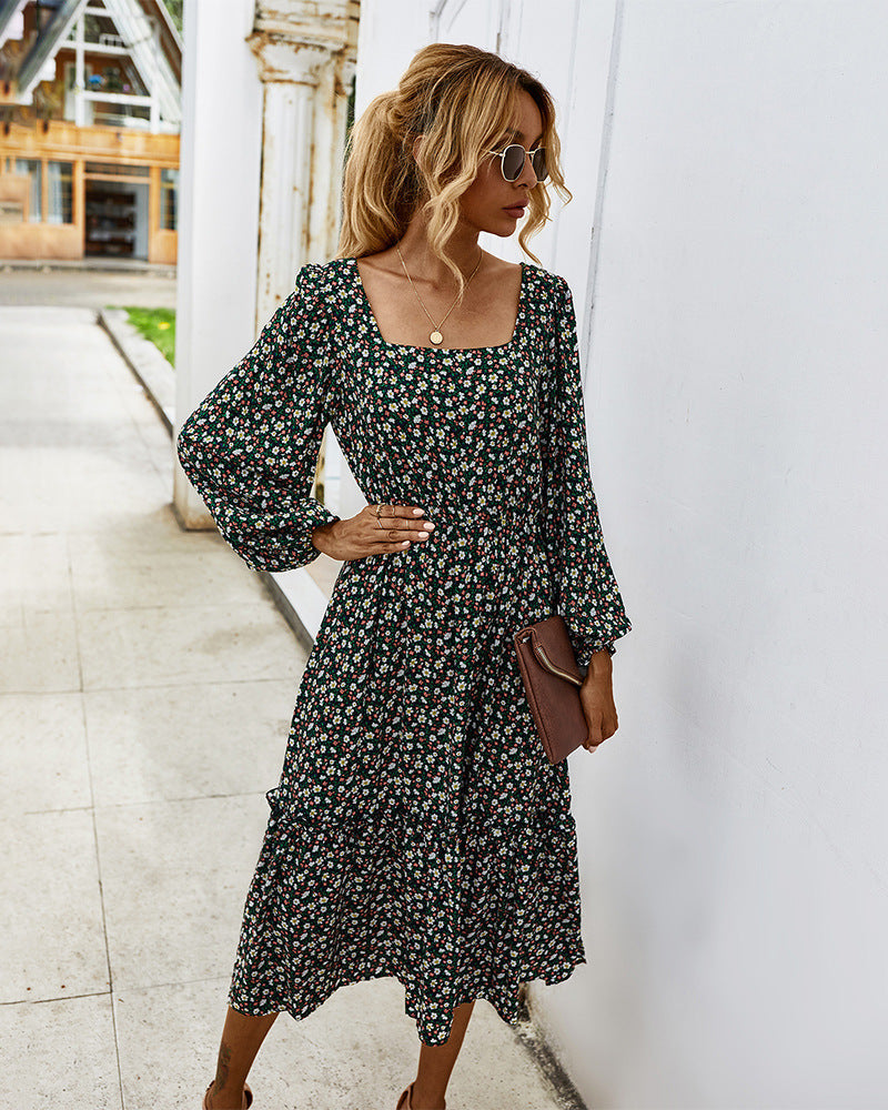 sixsr Women Long Dress Autumn Winter Long Sleeve Elegant Ladies Flower Square Collar Dresses Party Black Clothes For Woman