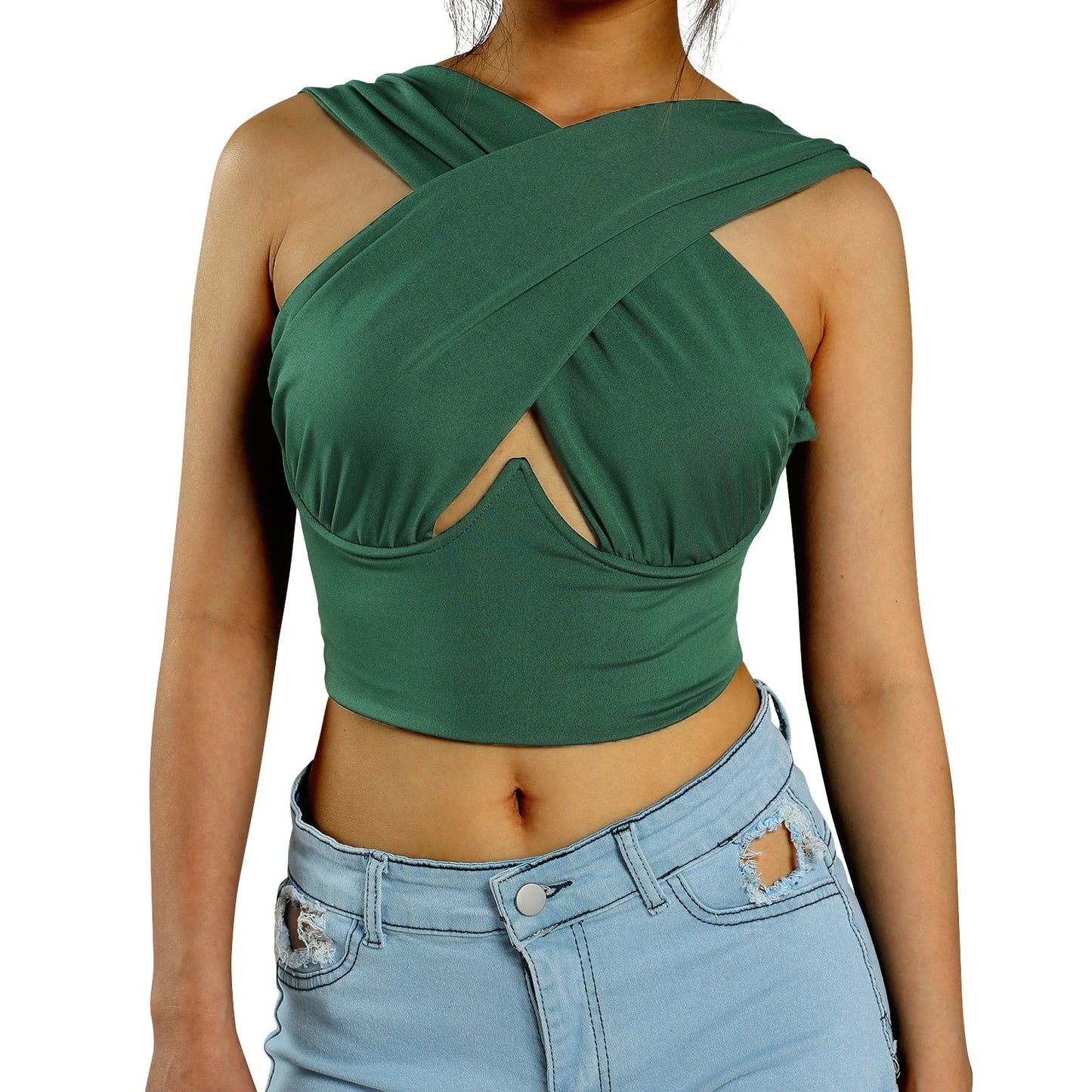 sixsr Women's Criss Cross Tank Tops Sexy Sleeveless Solid Color Cutout Front Crop Tops Party Club Streetwear Summer Lady Bustier Tops