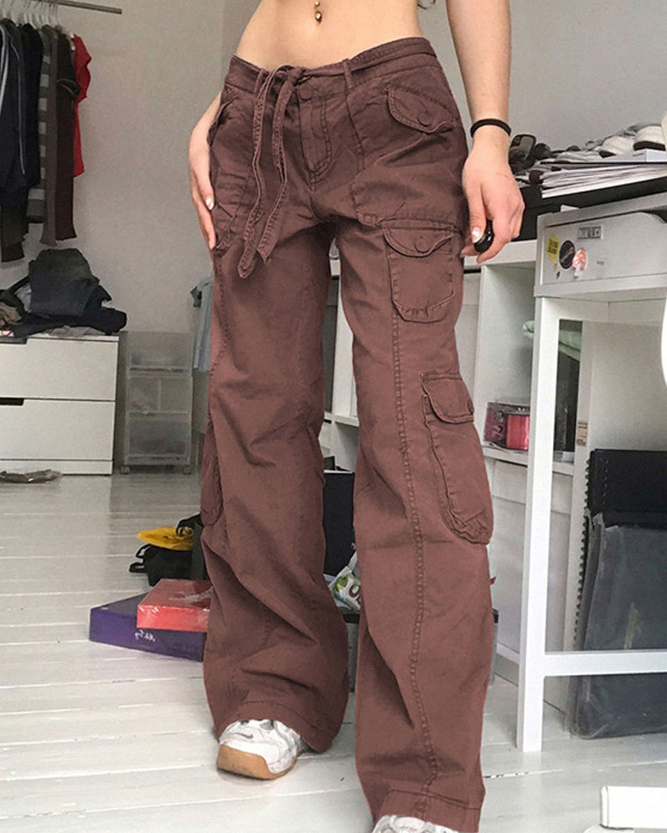 Sixsr Fashion Women's Jeans Y2K High Street Waist Denim Trousers Drawstring Waist Flap Pocket Baggy Jeans Loose Women's Classic Pants