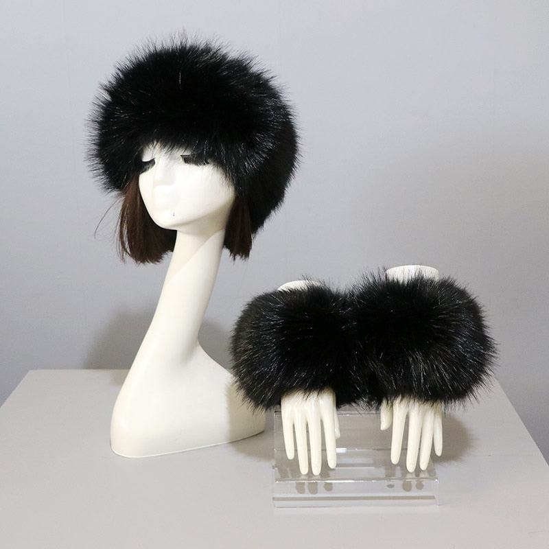Sixsr New Autumn Winter Caps Female Hats Cuffs Set Fashion Warmth Imitation Quality Design Faux Fur Hat Fox Fur Sleeves Suit Accessary