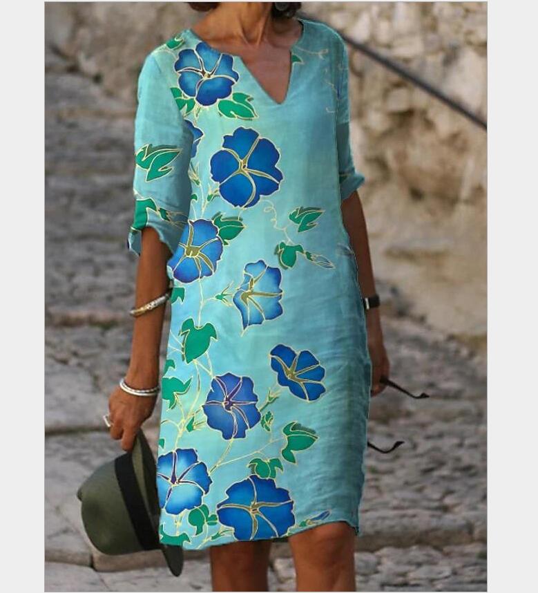 Sixsr New Women Printing Dress Summer V-Neck Half Sleeve A-Line Dresses Female Retro litera Vintage Loose Dress Vestidos