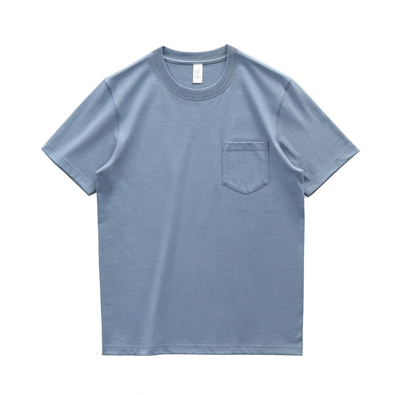 Sixsr 260g Heavy Weight Men's T-Shirt Summer Retro Simple Handsome Chic Casual Soft Solid Color Cotton Pocket Short Sleeve O-Neck Tees