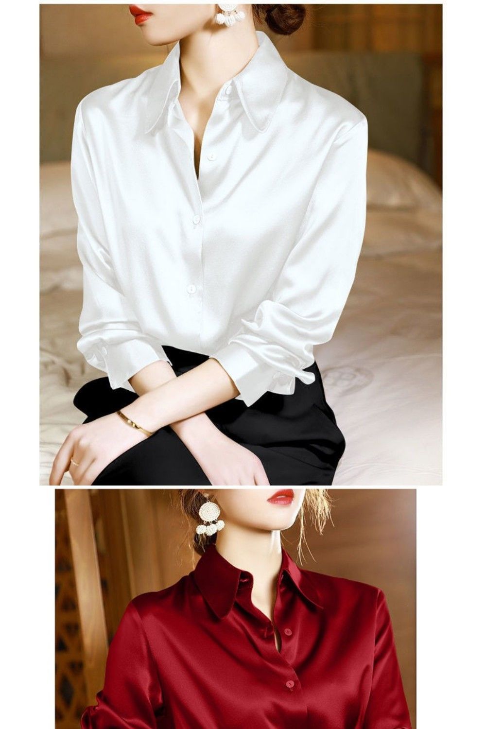 Sixsr Brand Quality Luxury Women Shirt Elegant Office Button Up Long Sleeve Shirts Momi Silk Crepe Satin Blouses for Women Fashion Business Ladies Top