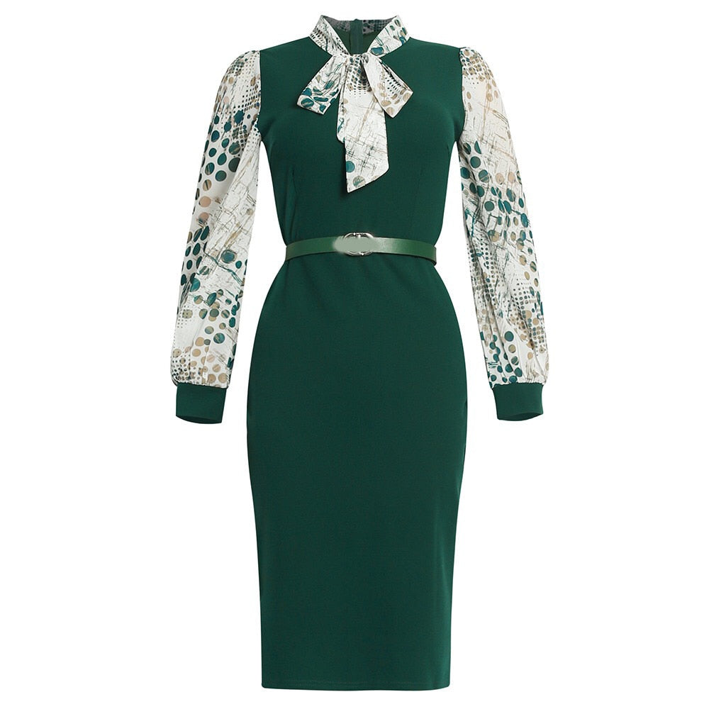 Sixsr African Fashion Women Dresses Office Style Dot Patchwork Bow High Waist Bodycon Mid Calf Elegant Business Work Wear Vestidos New