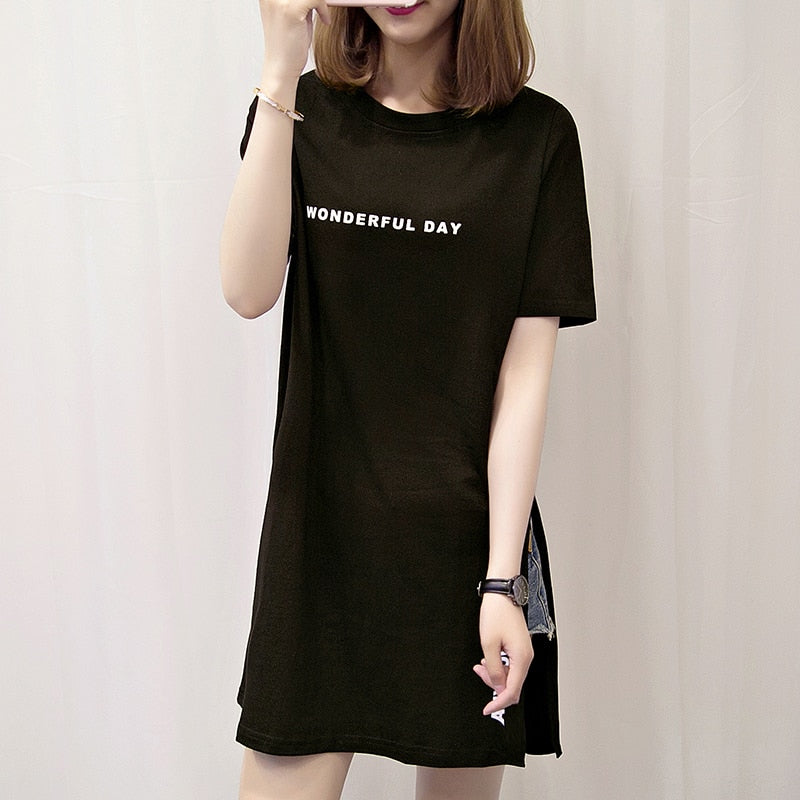 Sixsr Fashion Trends Plus size Wonderful Day Print Long T shirts Summer Women Loose Slit Femme Tops Cotton Tshirt Short sleeve Ladies t-shirt