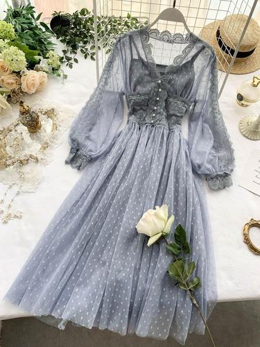 sixsr Women Mesh Lace Crochet Dresses V-neck Elegant Prom Puff Sleeves Dress Women Summer Dot Prom Party Sexy Slim Swing Long Dress