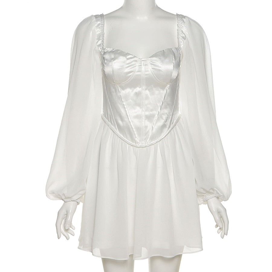 Sixsr Women Fashion Elegant High Waist Slim Solid White Office Lady A-Line Mini Dress  Spring Autumn New Women Party Dress