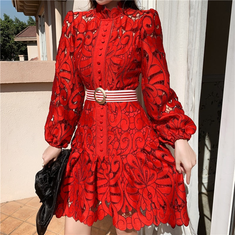 Sixsr Vintage Hollow Out Lace Floral Embroidery Dress Spring Autumn Women Stand Collar Lantern Sleeve High Waist Sashes Short Dresses