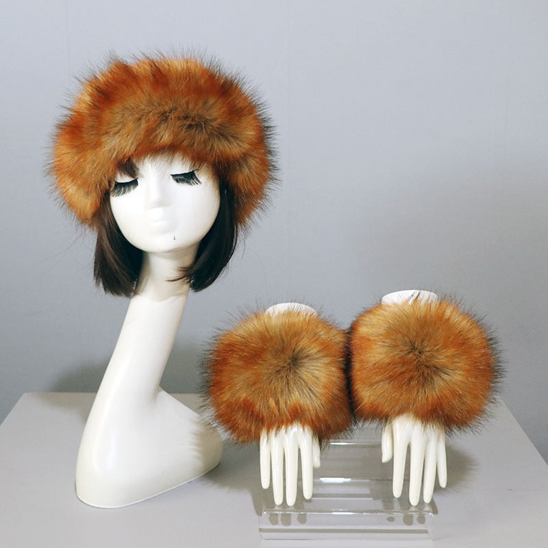 Sixsr New Autumn Winter Caps Female Hats Cuffs Set Fashion Warmth Imitation Quality Design Faux Fur Hat Fox Fur Sleeves Suit Accessary