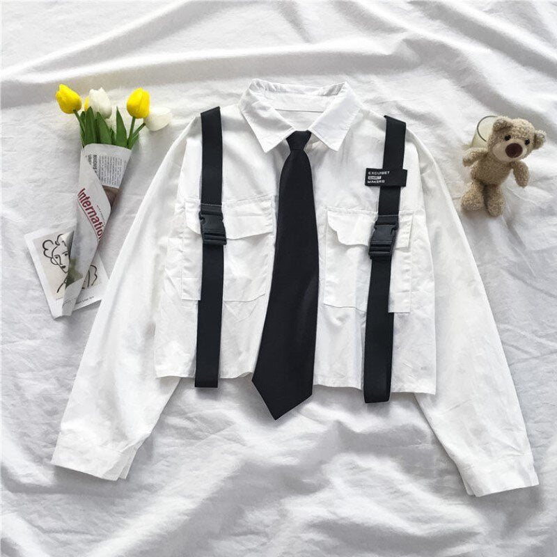sixsr Spring Outfits Trends Harajuku Women Shirts And Blouses Feminine Tie Pocket Top Casual White Turn-down Collar OL Style Female Blouses Streetwear