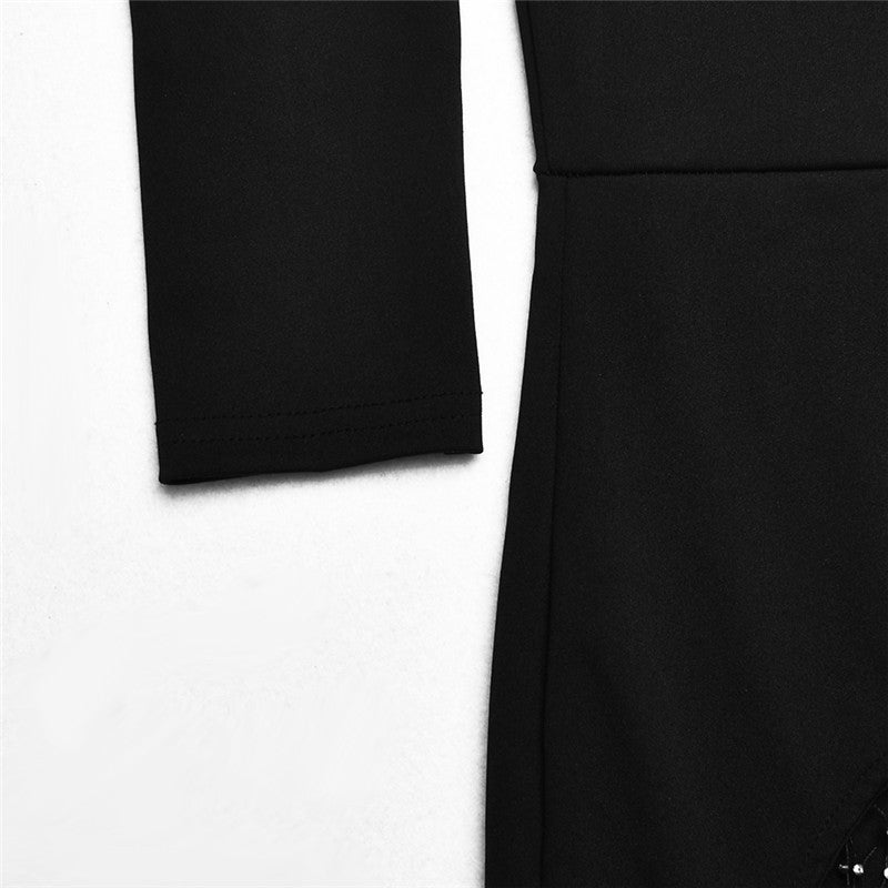 Patchwork Diamond Fishnet Bodycon Women Jumpsuit Black One Shoulder Long Sleeve Jumpsuit Lady Sexy Evening Party Clothes