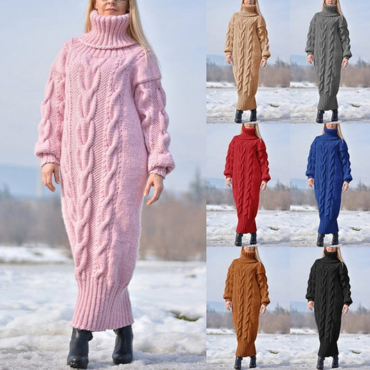 Sixsr Sweater Dress Women Long Sleeve High Neck Knitted Pullover Dress Soft Warm Solid Color Oversize Bodycon Jumper Female Dress
