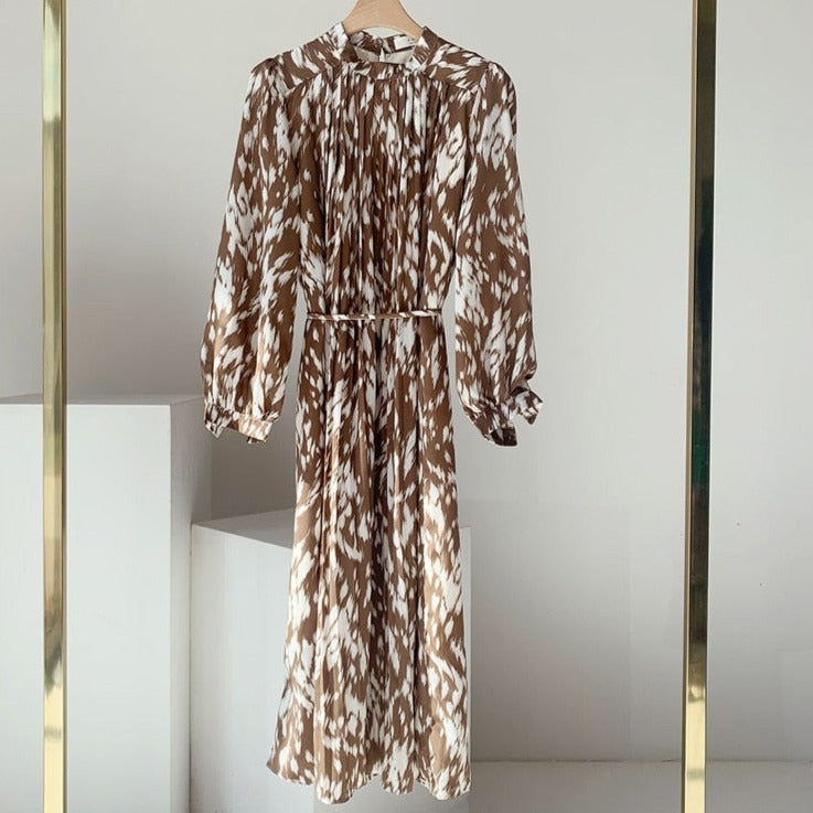 Spring New Stand Collar Women Full Sleeve Dress Elegant Hit Color Female Lace-up Printed Midi Dress Vestidos
