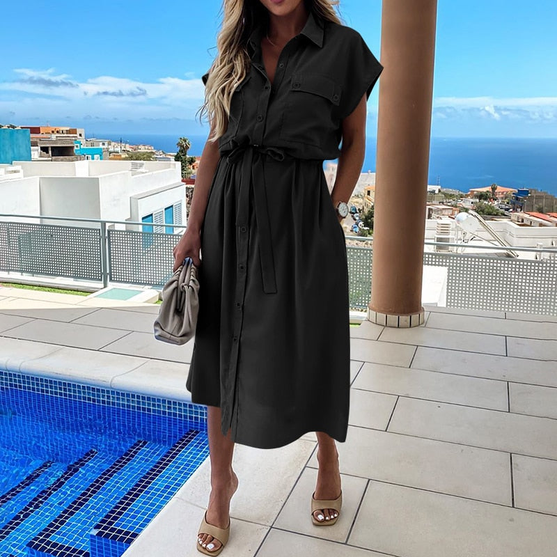 Sixsr Summer Sundress Women Elegant Dress Plus Size Short Sleeve Casual Loose Buttons High Waist Work Midi Vestidos Robe