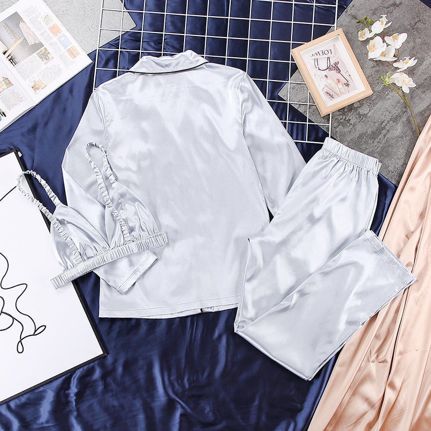 Sixsr Fashion Solid Color Satin Robe Set With Bra Sexy Pajamas Set Female Home Suit For Women Pajama Spring Long Sleeve Sleepwear