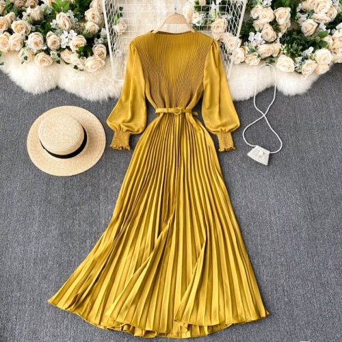 Sixsr Vintage Women Pleated Long Dress Female Elegant Lantern Long Sleeve High Waist Red/Purple Draped Maxi Vestidos Spring Autumn New