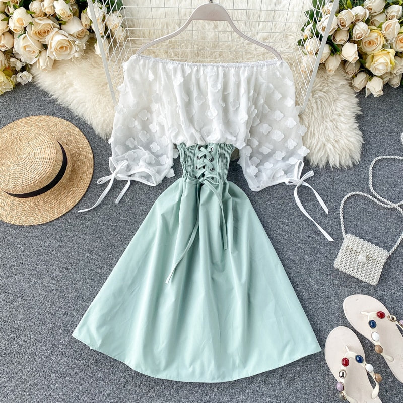 Sixsr  New Fashion Sexy Off Shoulder patchwork Summer Short Dress Party flower chiffon Slim waist lace up Women casual A-Line beach dress