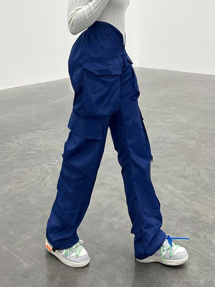 Vintage Y2k Cargo Pants Women Elastic High Waist Big Pockets Baggy Casual Capris Aesthetic Autumn Jogger Sweatpants