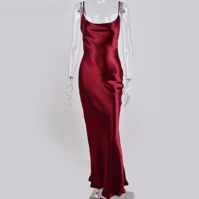 Sixsr Summer Dresses For Women Sexy Spaghetti Strap Backless Summer Dress Women Satin Lace Up Trumpet Long Dress Elegant Bodycon Party Dresses